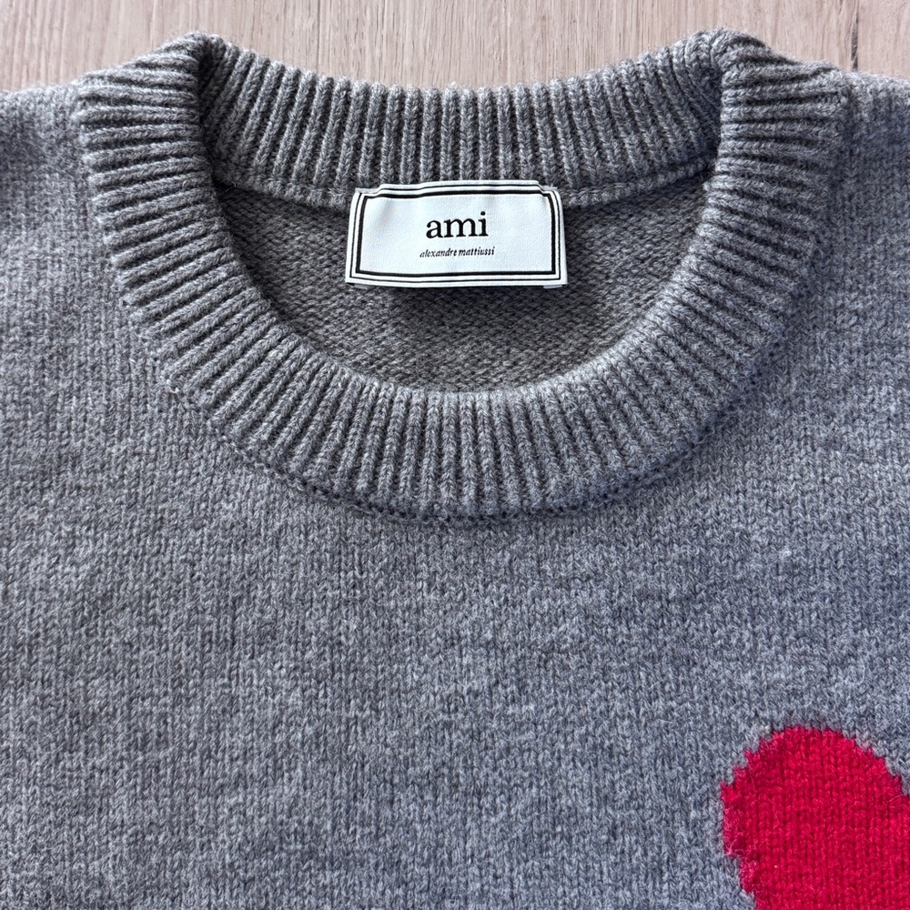 AMI Paris De Coeur Red Heart Intarsia Wool Sweater Grey Oversized Medium Unisex - Picture 6 of 15